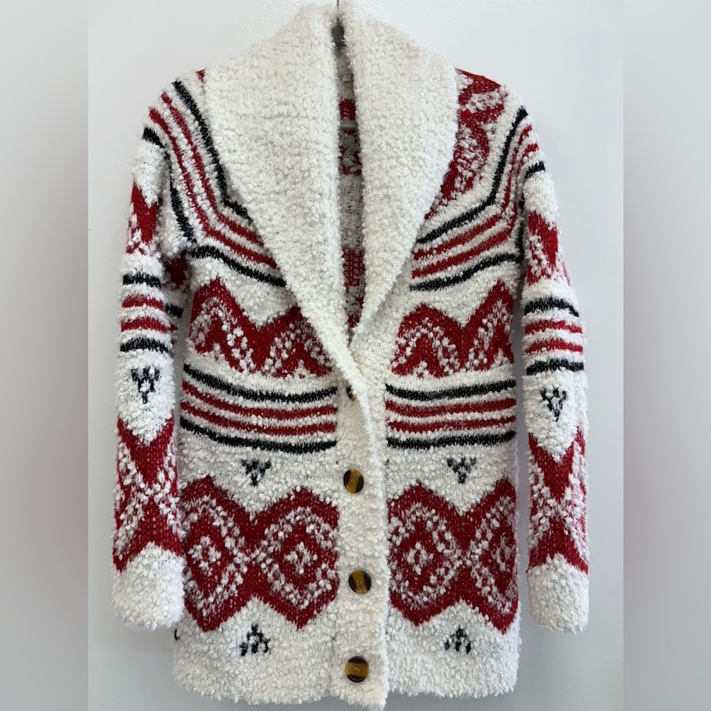 Cozy Chunky Popcorn Knit Longline Cardigan Sz Medium Western Southwest Print